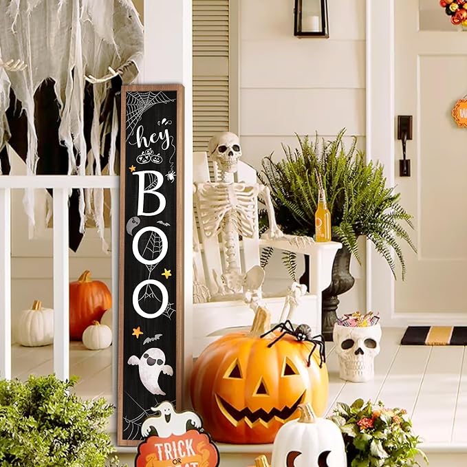Halloween Welcome Sign for Front Porch Standing, BOO Wooden Porch Sign for Door Decorations, Farmhouse Hanging Wall Sign for Halloween Happy Outdoor Garden Decor 47.2"H - Black