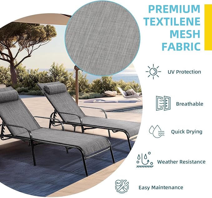 EROMMY Pool Chaise Lounge Chair Set of 2, Outdoor Lounge Chairs with Adjustable Backrest, Waterproof Upgraded Patio Lounge Chairs for Beach Yard Poolside