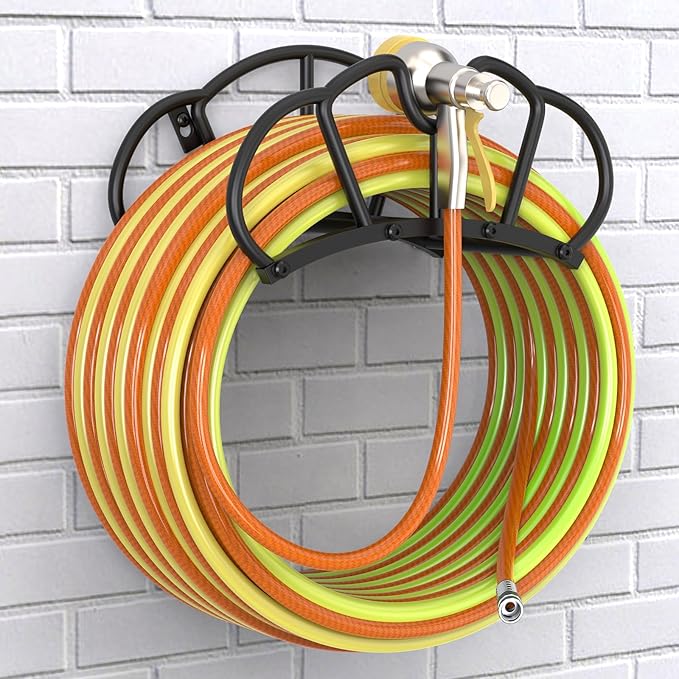 Super Stable Garden Hose Holder Wall Mount, Heavy Duty Water Hose holder Hanger Holds 125-Feet Hose, Metal Hose Storage Reel Rack Organizer for Outside Yard Lawn