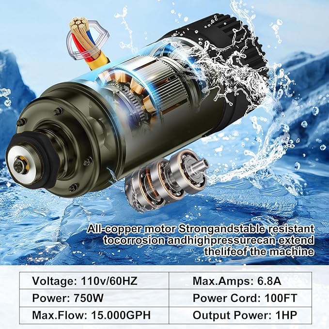Pond Fountain Aerator 1HP 110V 750W - pond fountain- pond aerator 15,000 GPM - Includes 100-foot Power Cord - Features Tow Rope Steel Anchoring Pin Timer - Suitable for Ponds and Lakes