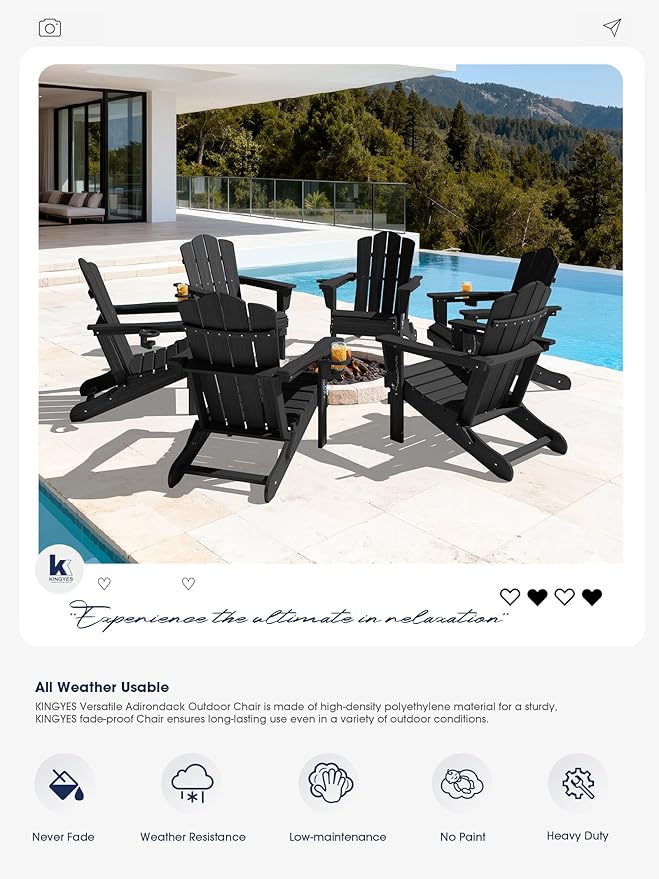 KINGYES Folding Adirondack Chair Set of 2, HDPE All-Weather Patio Chairs with Cup Holder, Wooden Textured Fire Pit Chairs for Poolside, Backyard, Deck, Black