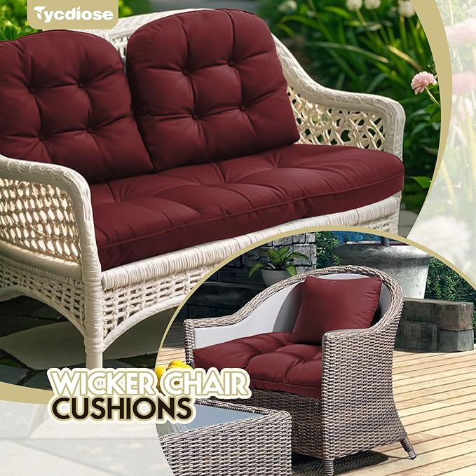 All Weather Waterproof Wicker Chair Cushions of 3 Pieces, Outdoor Wicker Chair Cushion for Patio Furniture Loveseat Settee Bench, 1 Loveseat and 2 U-Shaped Thickened Cushions, Red
