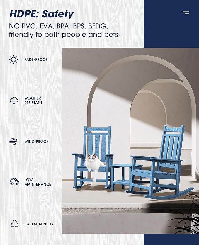 KINGYES Outdoor Rocking Chair, All-Weather Patio Rocking Chairs for Porch, HDPE Rocking Outdoor Chairs with High Back for Adult, Heavy Duty Outdoor Patio Rockers for Garden, Lawn, Blue