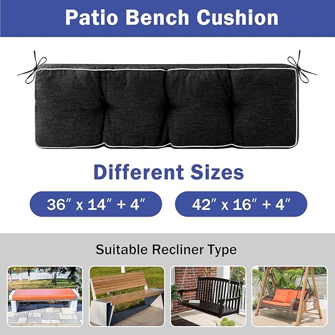 Bench Cushion, 42 x 16 Inch Patio Furniture Cushions with Durable Ties, Soft Memory Foam Bench Cushions for Indoor/Outdoor Furniture with Non-Slip Bottom, Kitchen&Dining, Black (Pack of 2)