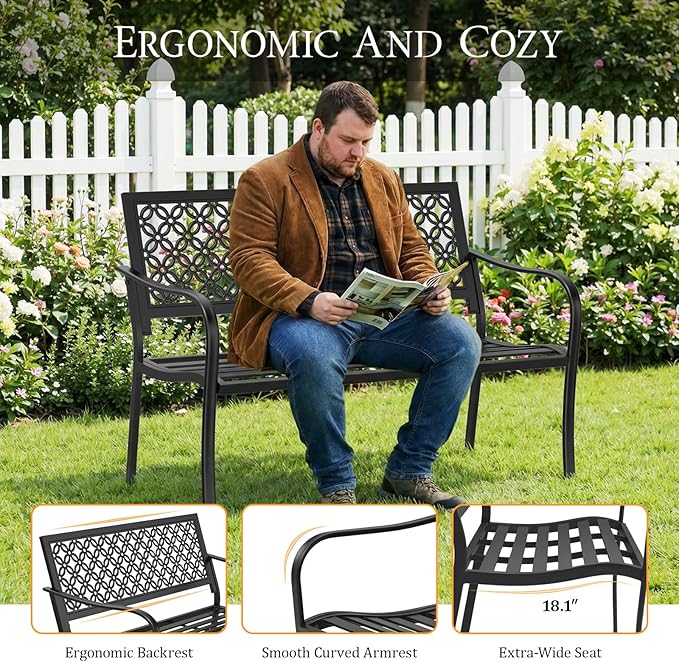 ONBRILL 50" Outdoor Bench, Garden Benches with Galvanized Metal Frame, Front Porch Bench with Floral Backrest, Patio Furniture with Adjustable Feet for Park, Yard, Lawn, Entryway, Black