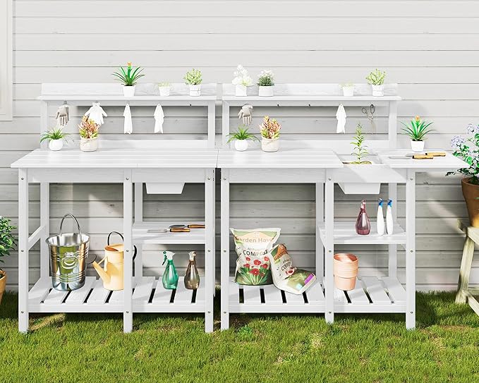 SERWALL Outdoor Potting Bench 2-Piece Set, Rot-Resistant HDPE Potting Table with Removable Sink for Outside Gardening, All-Weather Use - White