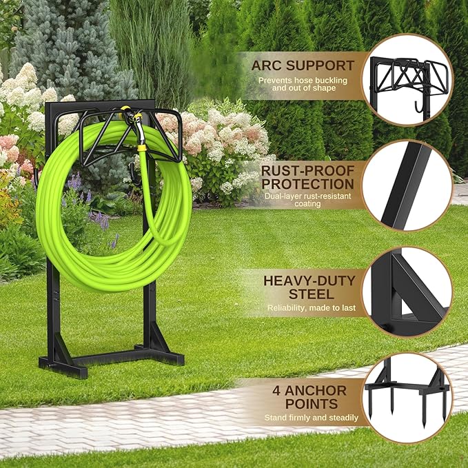 Heavy Duty Freestanding Hose Stand, Garden Water Hose Holder Rack with Tool Hooks, 4 Anchoring Spikes, Holds 150 ft for Lawn & Yard