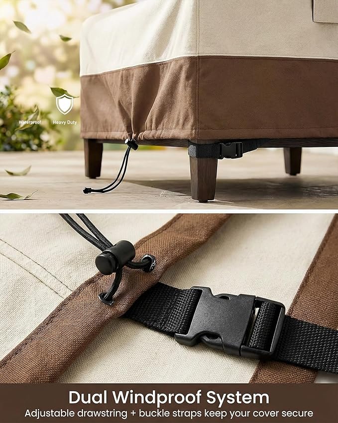 Waterproof Patio Ottoman Cover, Square Outdoor Side Table Furniture Cover with Padded Handles, 600D Heavy Duty Windproof All-Weather Patio Furniture Cover,UV Resistant, 22 x 22 x 18 Inch, Beige&Brown