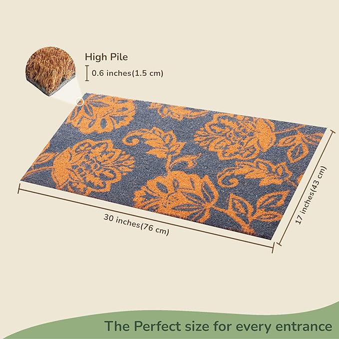 Coir Door Mat, Entryway Floor Mats with Non-Slip PVC Backing, Indoor Outdoor Mat for Front Door Decor, Door Mat, Welcome Mats with Floral Print, Light Blue, 30"x17"
