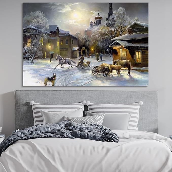 STUDIO HAVEN Thomas Kinkade Canvas Wall Art, Winter Village Moonlit Scene Horse-Drawn Sleigh and Dog Oil Painting Poster Rustic Wall Decor, Framed Prints for Home Decor, 16x12Inch