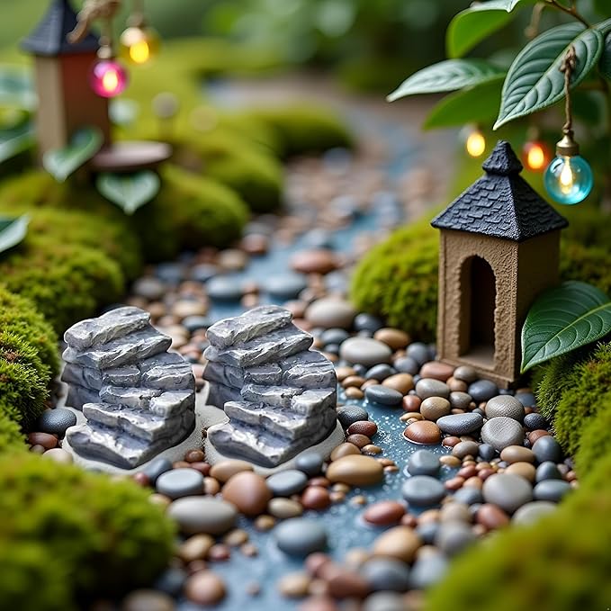 2 Pcs Curved Stone Steps Miniature Fairy Garden Accessories,Miniature Pond Lawn Ornament Figurines, Mini Lighthouse Water Well Bridge Figurines, Micro Landscape Ornaments for DIY Kit Statues