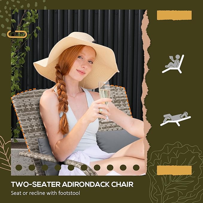 Outsunny Wicker Adirondack Chair for 2 with Cushions & Footrests, PE Rattan Double Chaise Lounge Chair, Fire Pit Chair for Porch with Wide Armrests, High-Back, Gray