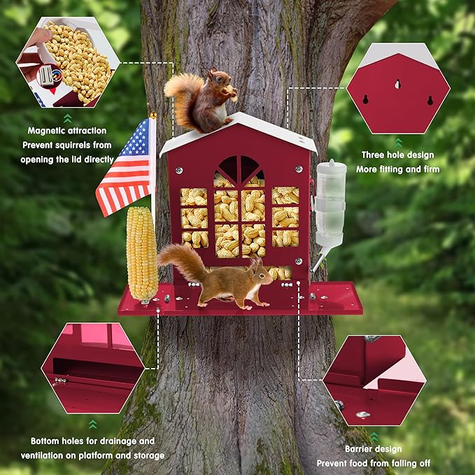 Metal Squirrel Feeder for Outside, Hanging Squirrel House for Outdoors with Water Bottle, Flag and Corn Cobs Holder, Peanut Feeder for Chipmun，Red