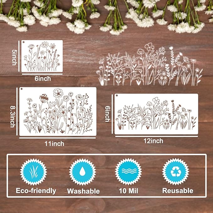 13 Pieces Wildflower Stencils Flower Stencils for Painting Wood, Reusable Spring Floral Field Plants Wild Flower Stencil for Crafts Wall Canvas Fabric Paper DIY Furniture Card