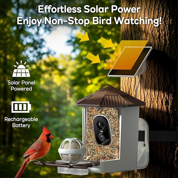 wansview Bird Feeder with Camera-Smart Bird Feeders for Outdoors Solar Powered, Birdhouse with Cam & Instant Alert, 2K Live Video, AI Identify Species, Ideal Gift for Tech Lovers, F1, Brown, 2.4G WiFi