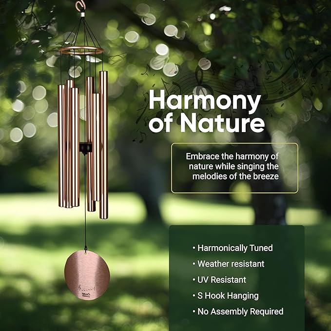 Nature’s Melody Aureole Tunes Wind Chimes – Outdoor Windchime with 6 Tubes Tuned to E Pentatonic Scale, 100% Rustproof Aluminum, Powder Finish & S Hook Hanger for Sympathy, Memorial Gift or Zen Garden
