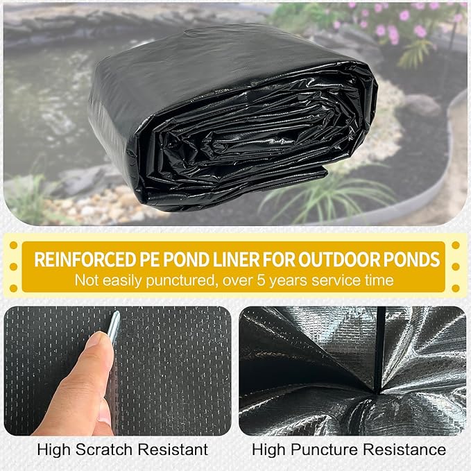 yeezoo 50X50FT Reinforced Large PE Pond Liner, KOI Pond Liners for Outdoor Ponds, Enhanced 5-Layer Structure Pond Liner for Fish, Duck, Garden Raised Bed and Waterscape Pond(0.82oz/sq ft Thickness)