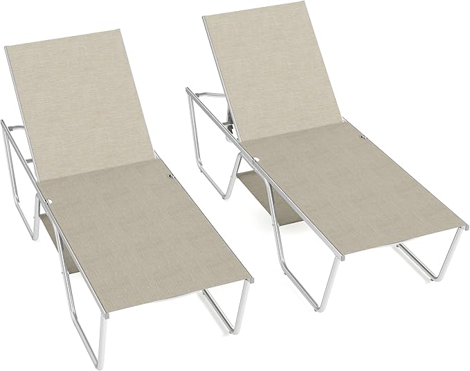 PHI VILLA 78" Oversized Outdoor Chaise Lounge Chair Set of 2, 27" Extra Wide Foldable, 5-Position Adjustable, UV50+ Textilene Mesh, Rust-Proof Frame, Khaki Beige
