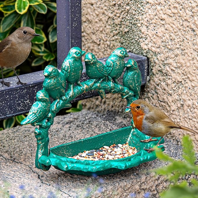 Sungmor Cast Iron Wall Mounted Bird Feeder, Cute Bird Decor Small Water Bath, Wall Hanging Fence Mount Bird Bath Feeder, Beautiful Green Birdfeeder for Garden Backyard Patio Wall Decoration