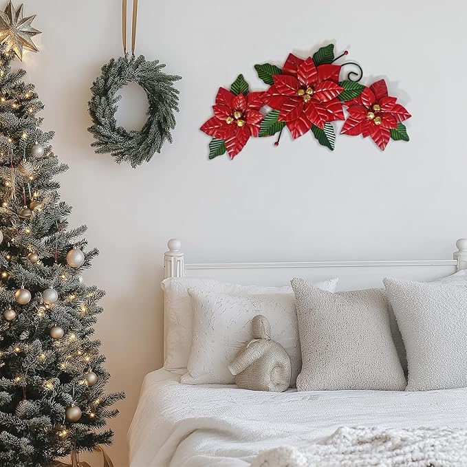 LIFFY Christmas Wall Decor Metal Poinsettia Christmas Decorations Wall Art Hanging for Indoor/Outdoor, Xmas Holiday Festive Centerpiece Decor for Living Room, Bedroom, Porch, Garden- 15" Long