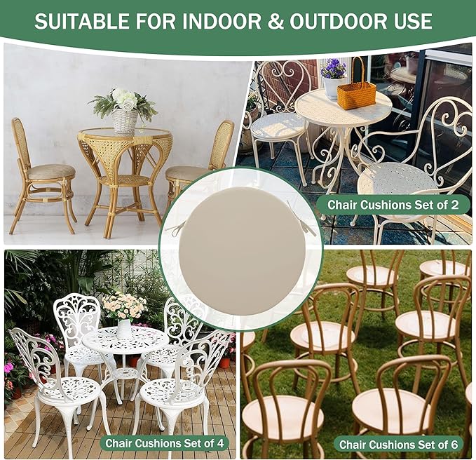 Outdoor Bistro Chair Cushions Set of 2, 15" D x 3" H Round Chair Cushions Waterproof and Fade Resistant Chair Cushion Pads with Non-Slip Ties and Removable Covers for Garden, Cream