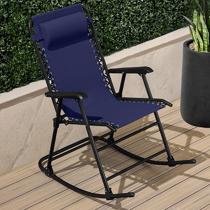 Best Choice Products Outdoor Folding Rocking Chair, Zero Gravity Lounge Chair, Patio Rocker w/Headrest Pillow - Blue