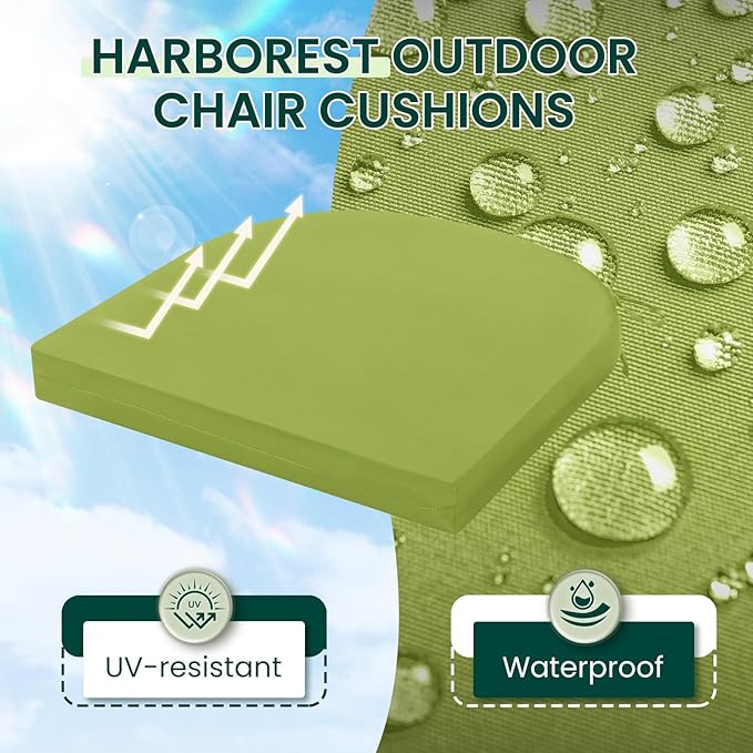 HARBOREST Outdoor Chair Cushions Set of 4, Water Resistant Patio Chair Cushions with Ties, Outdoor Seat Cushions for Patio Furniture, 17"x16"x2", Grass Green