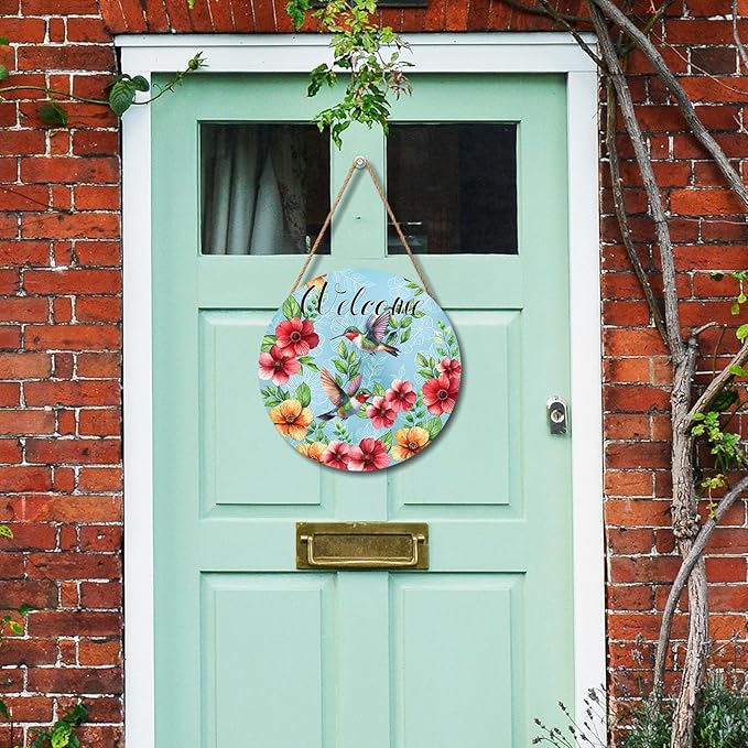 Welcome Spring Hummingbird Door Sign For Front Door Decor,Spring Summer Red Yellow Flower Leaves Wooden Sign 12"x 12" Round Seasonal Hanging Door Sign Decoration for Rustic Decor