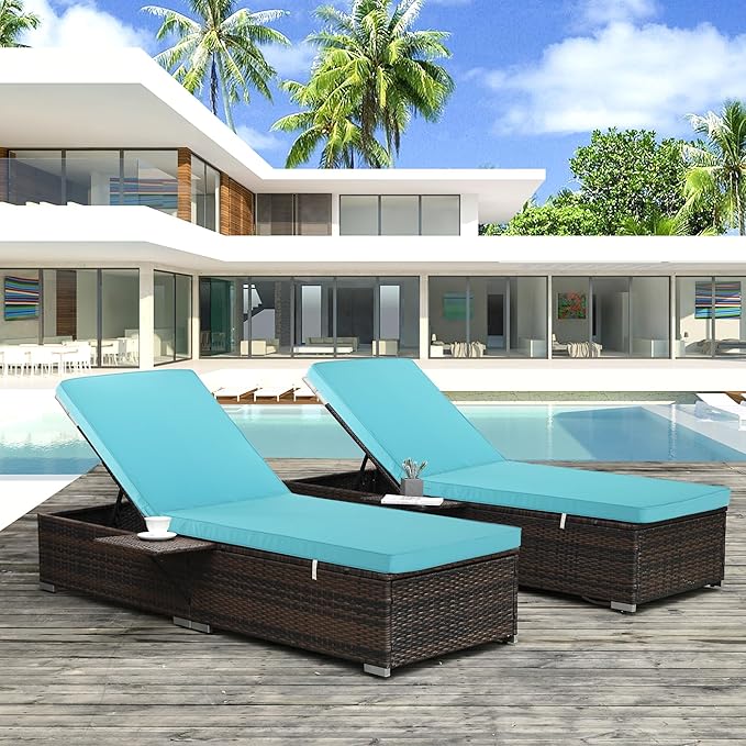 Outdoor Chaise Lounge Cushion Set of 2, Fadesafe Water-Repellent Lounge Deck Reclining Chair Cushions for Patio Furniture Lawn Pool Resort Hotel, 80x26x3 Inch, Light Blue