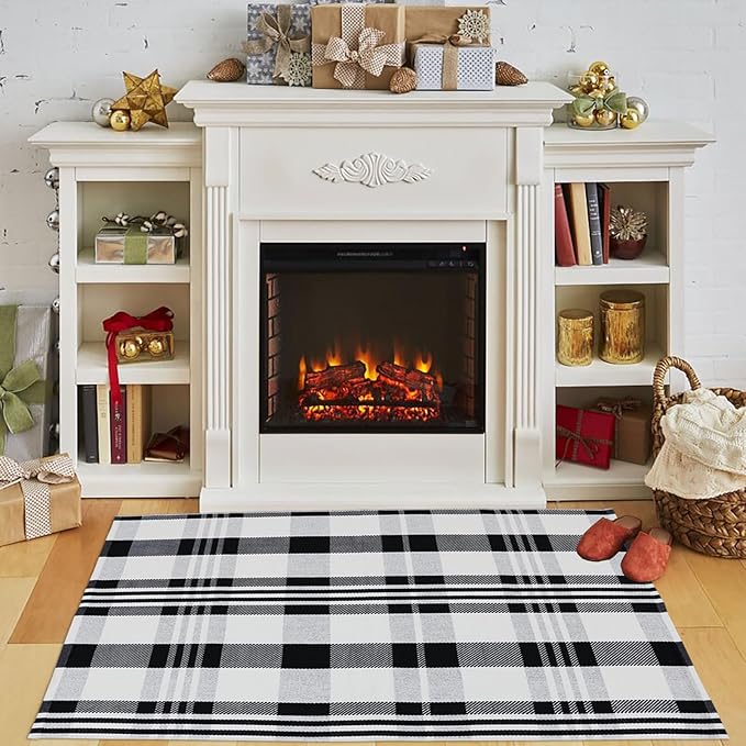 Fall Décor Plaid Rug, 2'4" x 3'7" Black&White Check Indoor/Outdoor Area Rug, Layering Rug for Hello/Welcome Doormat, Machine Washable Cotton Woven Rugs for Farmhouse Front Porch,Entryway