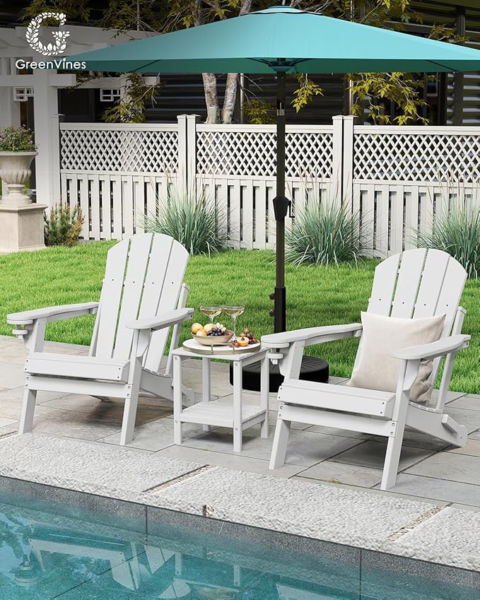 GREENVINES Folding-Adirondack-Chair | HDPE Plastic | Fire Pit Chairs | All Weather | Cup Holder | White | for Deck Backyard Patio Outdoor Garden