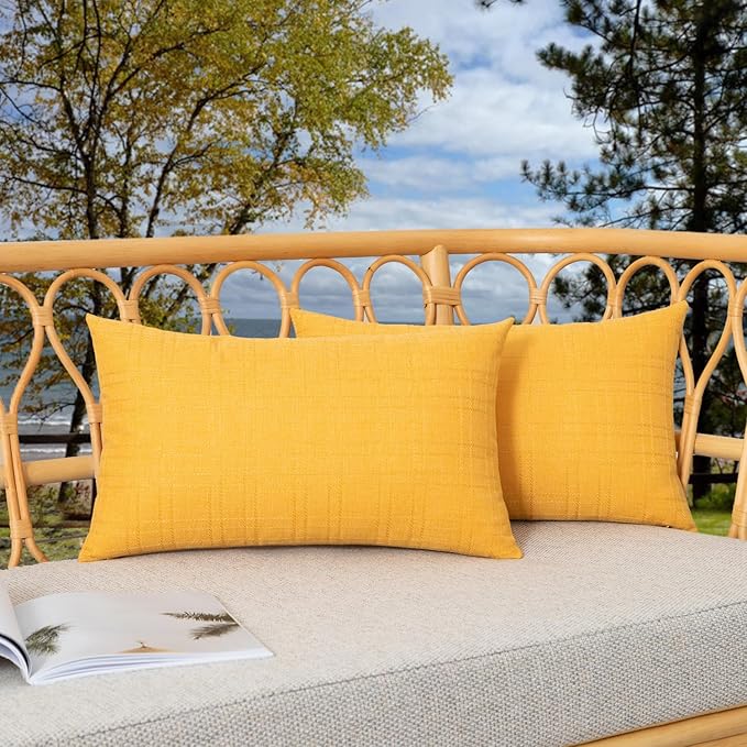 Kevin Textile Outdoor Waterproof Lumbar Pillow Covers 12x24 Inch Pack of 2 Checkered Decorative Rectangle Cushion Throw Pillowcases Shell for Patio Tent Garden Couch Bed Sofa Sunflower Yellow