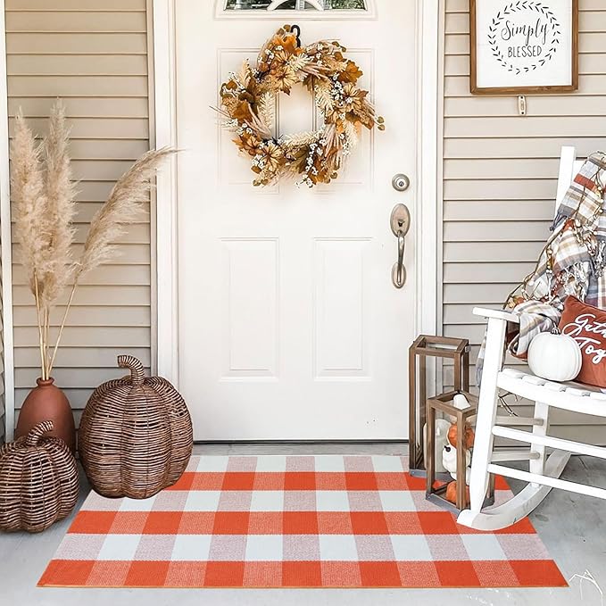 Buffalo Plaid Outdoor Rugs, 2'x4'3'' Orange and White Checkered Indoor/Outdoor Area Rug, Layering Rug for Hello/Welcome Door Mat, Washable Cotton Woven Farmhouse Mat for Fall Front Porch Décor