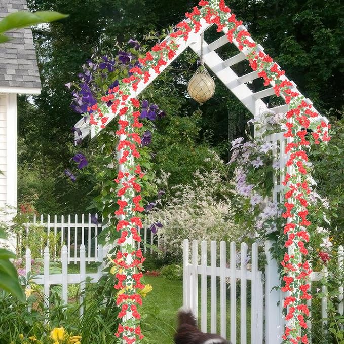 2 Pcs Artificial Flowers Garland for Outdoors Red Faux Gardenia Garland 15.5Ft Silk Rose Hanging Vines Floral for Wedding Arch Party Wall Garden Ceremony Backdrop Fence Spring Decor