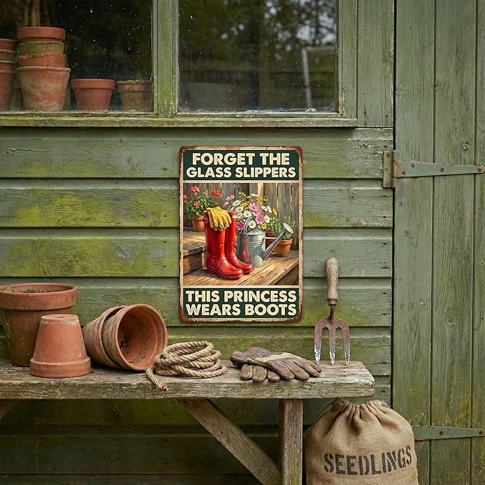 Country Girl Tin Sign - "This Princess Wears Boots" Inspirational Garden Decor - Metal Sign Vintage Red Rain Boots & Flowers Farmhouse Wall Art - 8x12 Aluminum Plaque for Shed, Porch, Yard