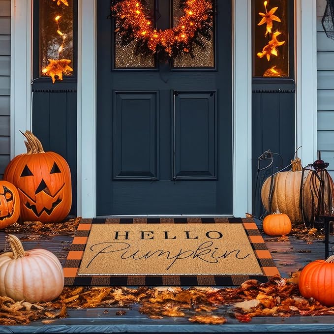 Tinideya 2 Pcs Fall Door Mat Thanksgiving Hello Pumpkin Welcome Non Slip Coir Mats Black Orange Buffalo Plaid Floor Layering Doormats Seasonal for Front Porch Entryway Decor(Black Orange)