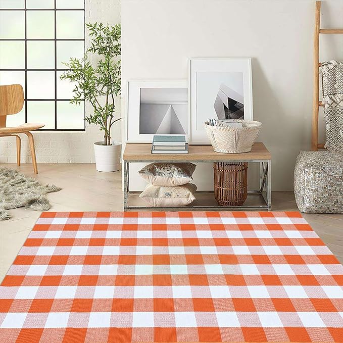 Buffalo Plaid Outdoor Rugs, 4' x 6' Orange and White Checkered Indoor/Outdoor Area Rug, Layering Rug for Hello/Welcome Door Mat, Washable Cotton Woven Farmhouse Mat for Fall Front Porch Décor