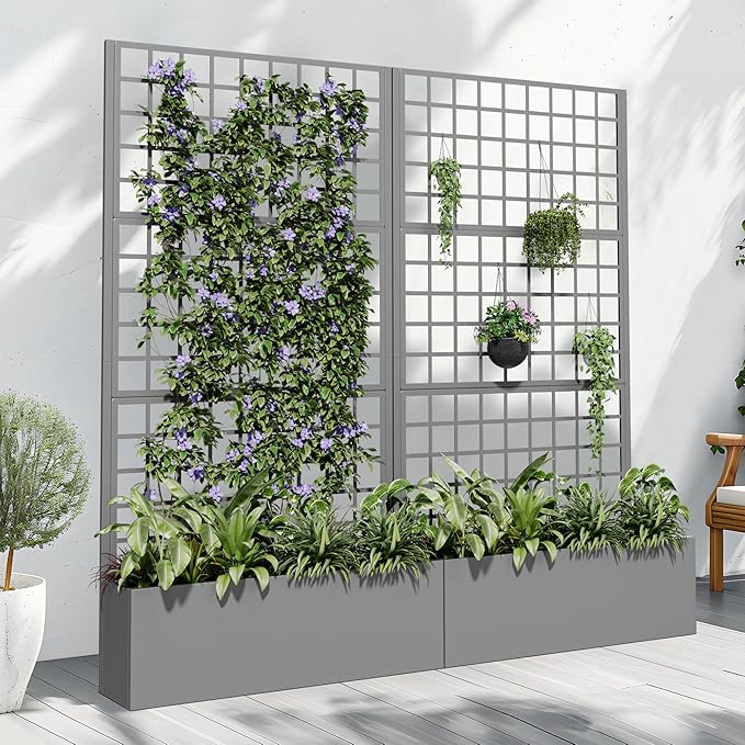 Casaphoria Metal Raised Garden Bed with Trellis and Wheels, 72"x35"x16" Planter Box for Climbing Plants, Vegetables & Vines, Features Drainage Holes and Privacy Screen (Gray-Grid)