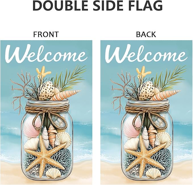 Summer Garden Flag 12x18 Double Sided, Burlap Seasonal Rustic Beach Shell Garden Flags Summer Outdoor Decorations, Small Decorative Yard Lawn Porch Flags for Outside Décor