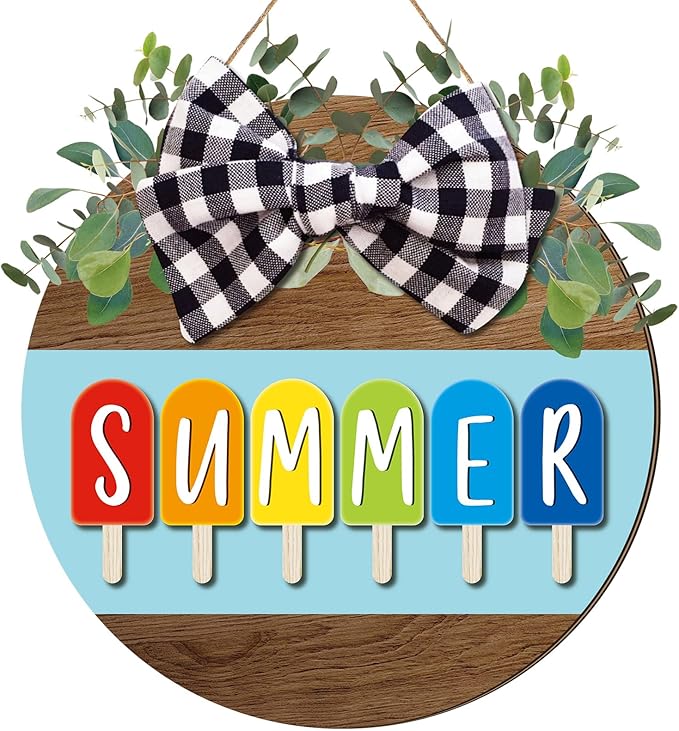 Boao 12 x 12 Inch Hello Summer Door Sign Ice Cream Welcome Summer Wreath Decor Beach Hanging Door Hanger Farmhouse Decorations for Wall Front Porch Decor(Ice Lolly)