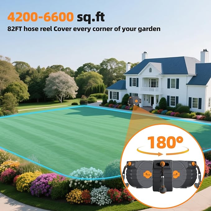 Retractable Garden Hose Reel 1/2 in x65 ft, Garden Water Hose Reel with 10- Function Sprayer Nozzle, Any Length Lock/Automatic Slow Return System,180° Swivel Bracket