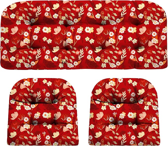 Wicker Chair Cushions, Waterproof Outdoor Loveseat Cushions for Patio Furniture, Tufted Wicker Furniture Cushions, 1 Loveseat and 2 U-Shaped Cushions (Black Floral)