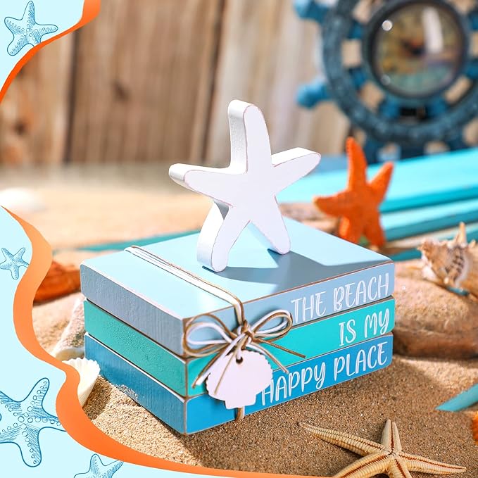Pinkunn 4 Pcs Beach Table Decor Starfish Seashell Coastal Wooden Block Sign Centerpiece Rustic Nautical Decorative Signs & Plaques for Home Office Desk Shelf Farmhouse Home Living Room(Starfish Shell)