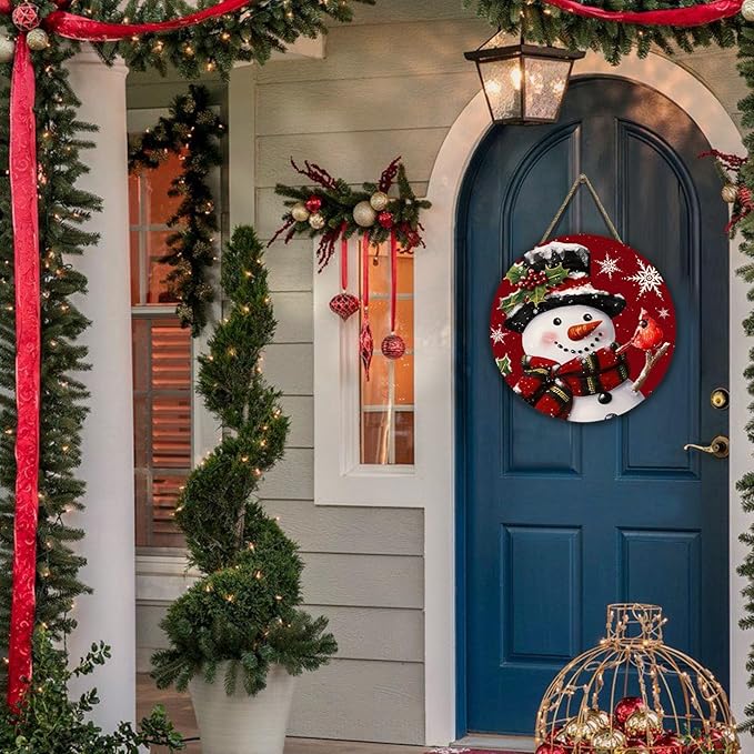 Snowman Xmas Door Sign Cardinal Snowflakes Door Hanger for Porch Wall Decor Winter Holiday Christma Outdoor Hanging Sign