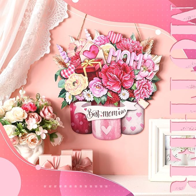 Boao Welcome Mother's Day Wooden Door Hanging Sign Pink Farmhouse Door Decor Vintage Mother's Day Wood Rose Gift Sign Rustic Wall Plaque Ornaments for Window Wall Porch