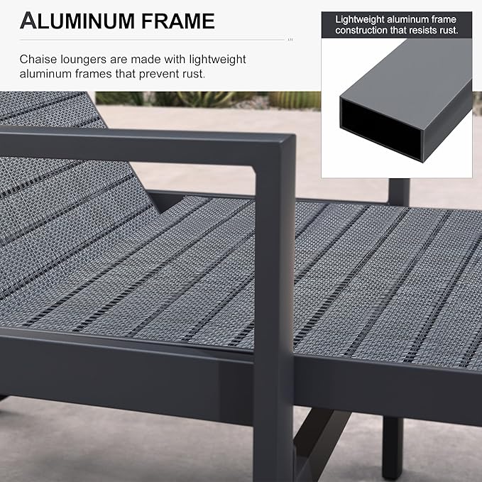 PURPLE LEAF 3 Pieces Outdoor Chaise Lounge Aluminum Patio Lounge Chair with Wheels and Armrests Outdoor Lounge Recliner Chair for Pool Backyard (2 Mixed Grey Lounges W/Side Table)