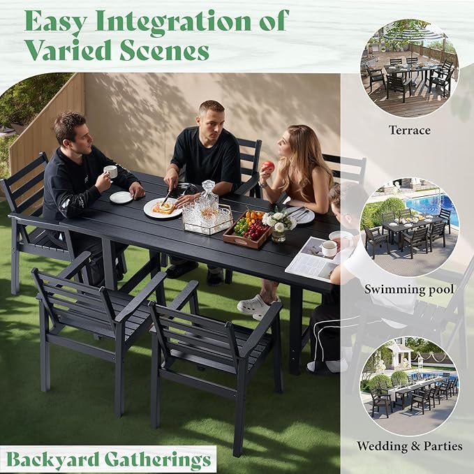 AMERLIFE 7-Piece HDPE Outdoor Dining Set with Umbrella Hole, 71" L Patio Table and Chairs Set for 6, Modern Garden Dining Set for Backyard, Poolside, Porch, Black