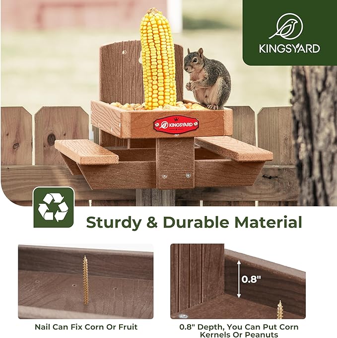 Kingsyard Squirrel Feeder Table for Outside, Recycled Plastic Squirrel & Chipmunk Picnic Table Feeder with Corn Cob Holder, 2 x Solid Structure Benches, Easy to Clean (Brown)