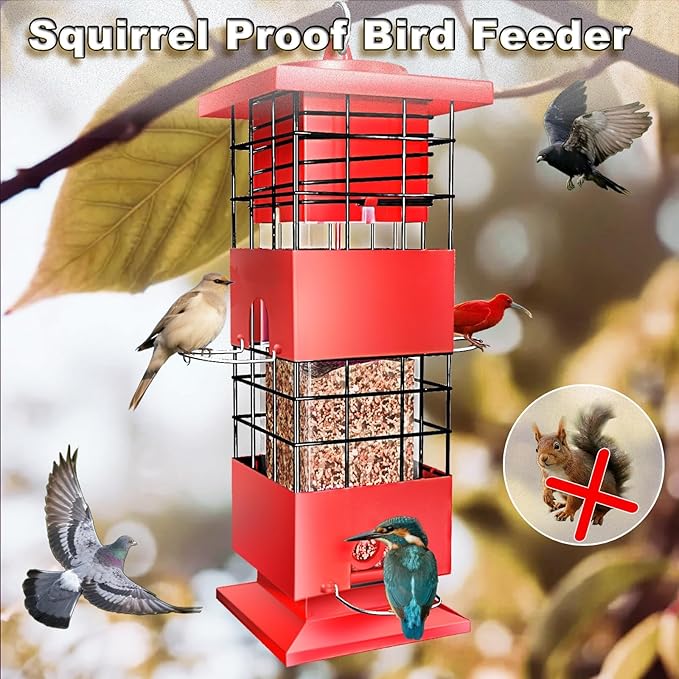 Squirrel Proof Bird Feeders for Outdoors, 3 LBS Large Birdfeeders Outside Hanging, Metal Bird Feeder with 4 Feeding Ports, Weight Activated Backyard Wild Bird Feeders for Finch, Cardinal, Bluebird