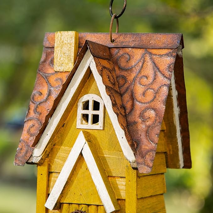 Glitzhome GH90085 Hanging Distressed Wooden Garden Cottage Birdhouse, Yellow